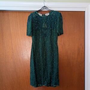 Vintage Green Chic Beaded Sequin Embroidered Mini Dress Evening